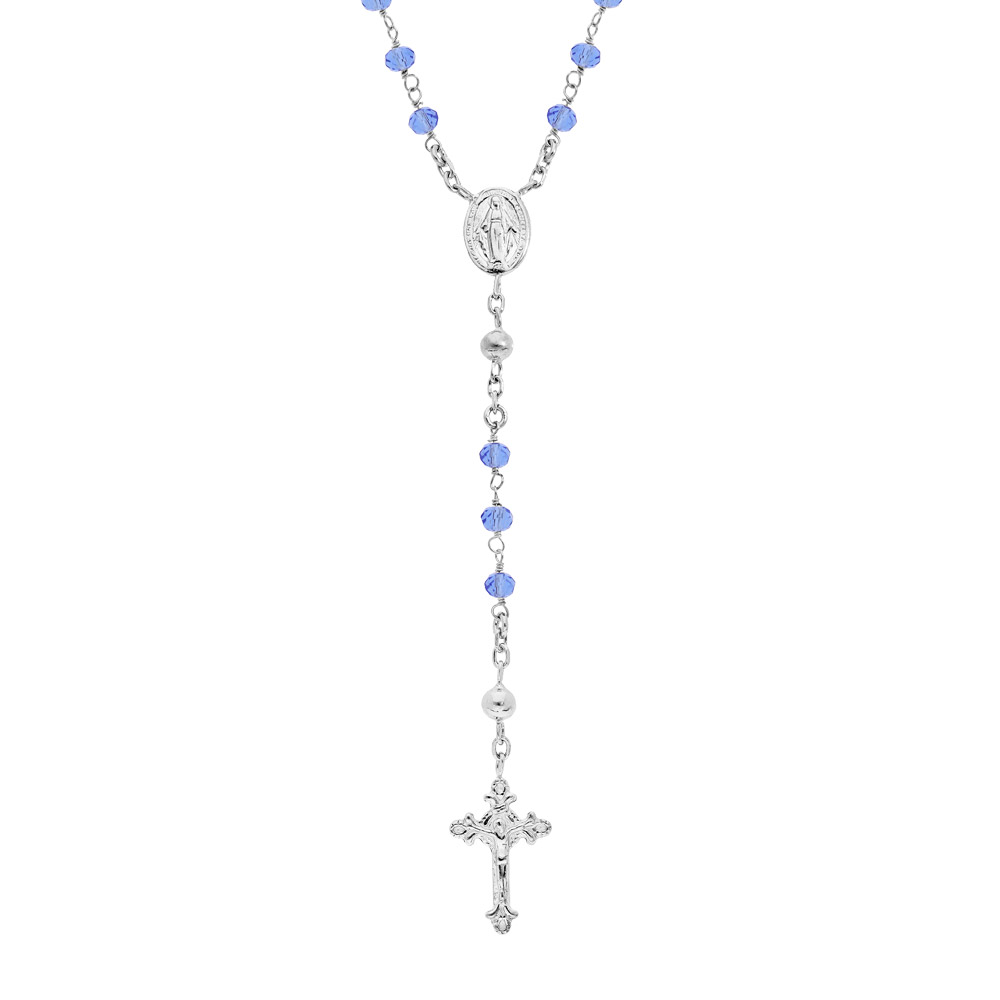 Collier en argent rhodi� chapelet avec perles en verre facette bleu 50+5cm - Vue 1