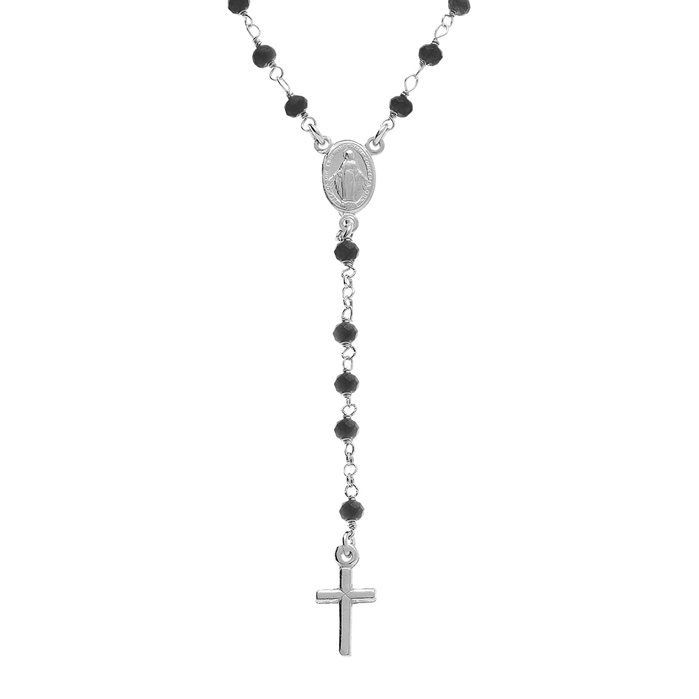 Collier en argent rhodi� chapelet boules facet�es spinelles noires - 45+5cm - Vue 1