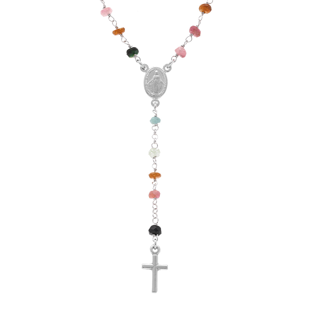 Collier en argent rhodi� chapelet boules facet�es tourmalines multi couleurs - 45+5cm - Vue 1