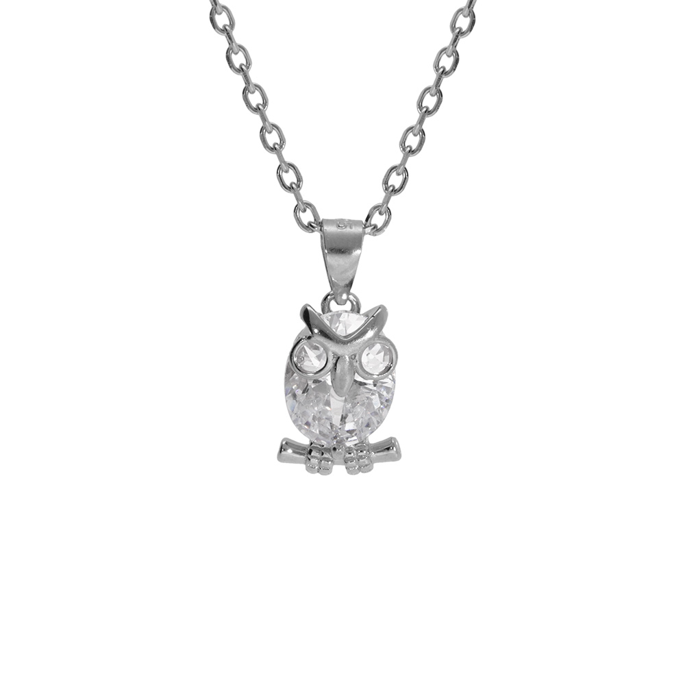 Collier en argent rhodi� chouette hibou oxyde blanc 41+3cm - Vue 1