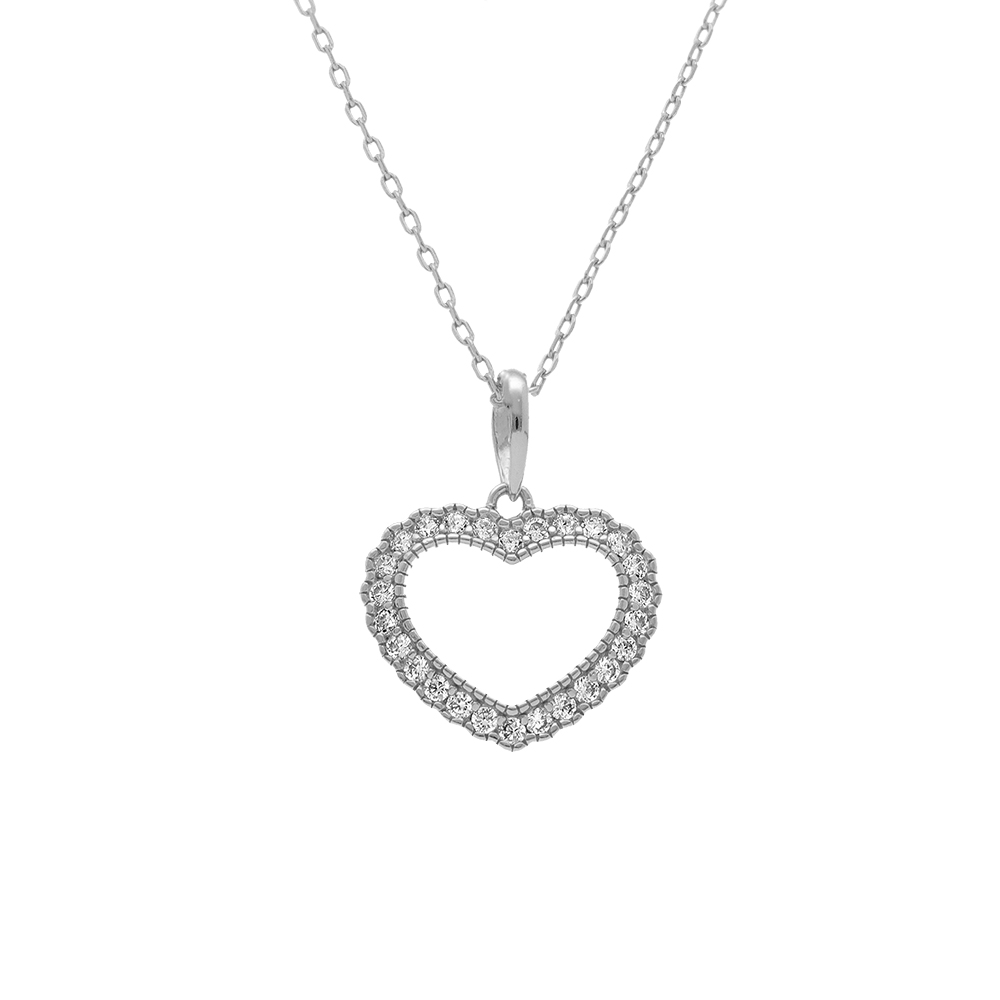 Collier en argent rhodi� coeur avec contour d\'oxydes blancs - 38+5cm - Vue 1
