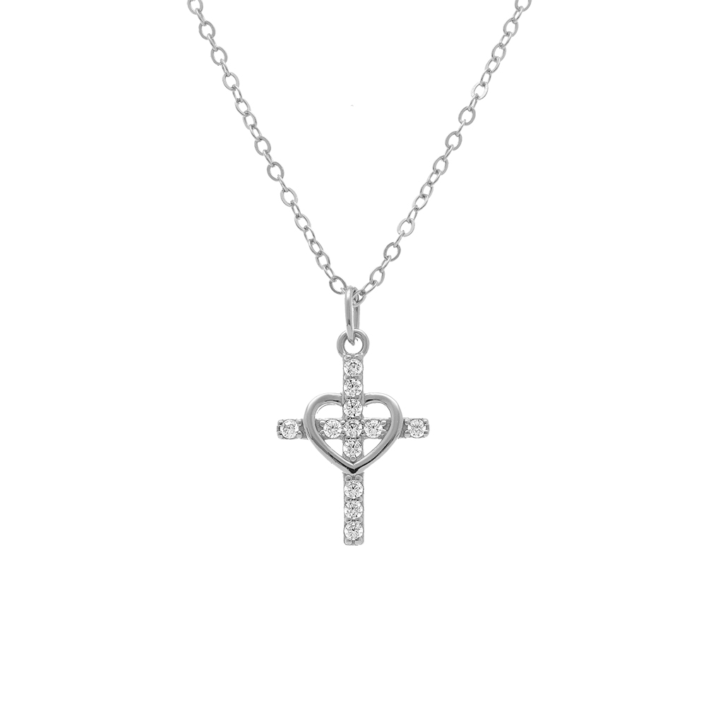 Collier en argent rhodie coeur avec croix orn�e d\'oxydes blancs - 38+5cm - Vue 1