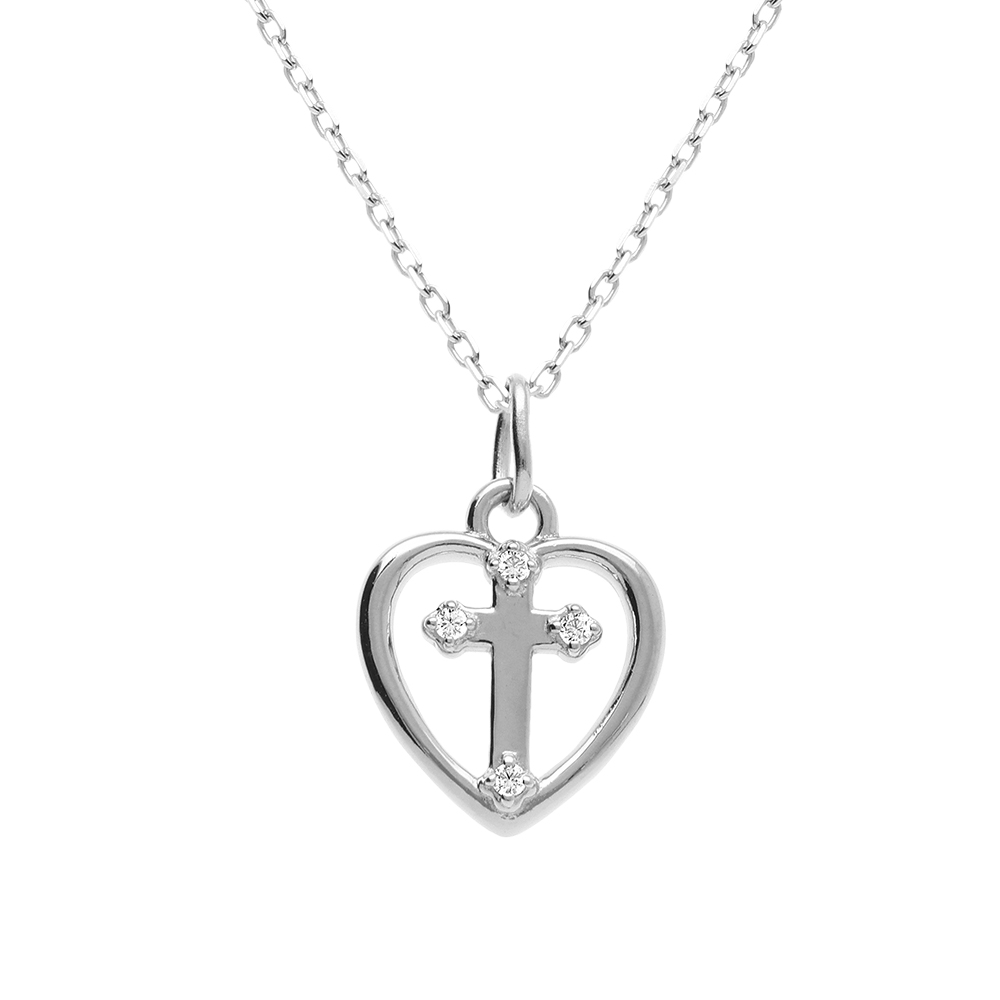 Collier en argent rhodi� coeur et croix avec oxydes blancs sertis - 40+3cm - Vue 1