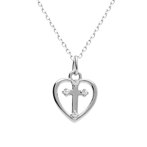 Collier en argent rhodi� coeur et croix avec oxydes blancs sertis - 40+3cm