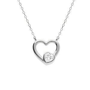 Collier en argent rhodi coeur lisse avec oxyde blanc serti - 40+3cm