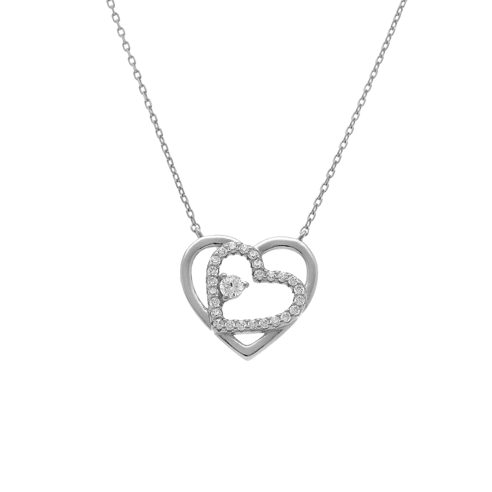 Collier en argent rhodi� coeurs avec oxydes blancs - 38+5cm - Vue 1