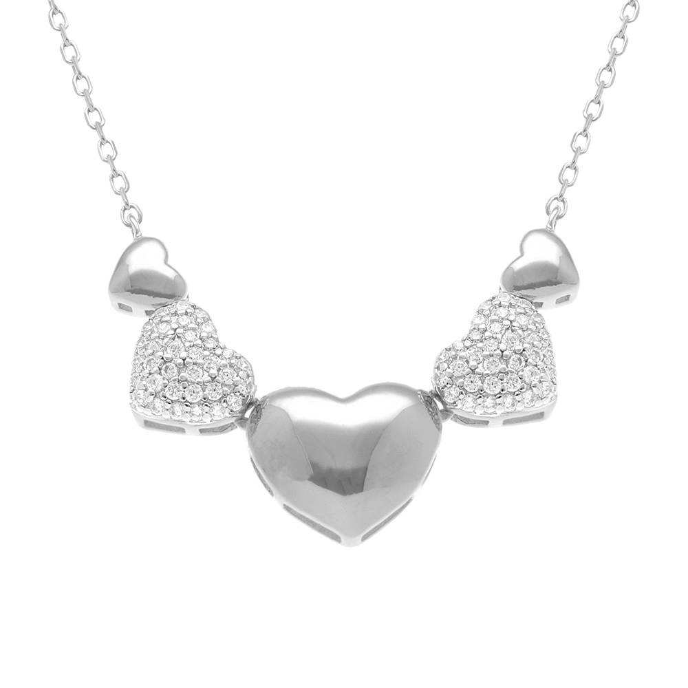 Collier en argent rhodi� coeurs bomb�s lisses et oxydes blancs sertis  - 38+5cm - Vue 1