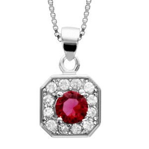 Collier en argent rhodi collection joaillerie chane avec pendentif carr avec angles bisauts et oxydes sertis blancs disposs en forme de fleur avec coeur en oxyde rouge - longueur 42cm + 3cm de rallonge - Vue 1