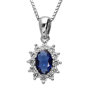 Collier en argent rhodi collection joaillerie chane avec pendentif ovale et gros oxyde bleu au centre orn de petits oxydes blancs autour formant une marguerite - Vue 1