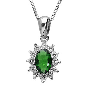 Collier en argent rhodi collection joaillerie chane avec pendentif ovale et gros oxyde vert au centre orn de petits oxydes blancs autour formant une marguerite - Vue 1