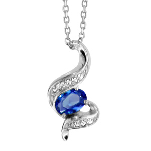 Collier en argent rhodi collection joaillerie chane avec pendentif oxyde ovale bleu au centre de vagues ornes d\'oxydes blancs sertis - longueur 40cm + 4cm de rallonge - Vue 1