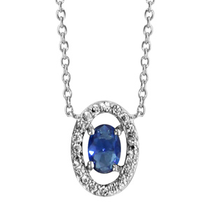 Collier en argent rhodi collection joaillerie chane avec pendentif oxyde ovale bleu et entourage d\'oxydes blancs sertis - longueur 40cm + 4cm de rallonge - Vue 1