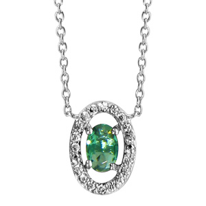 Collier en argent rhodi collection joaillerie chane avec pendentif oxyde ovale vert et entourage d\'oxydes blancs sertis - longueur 40cm + 4cm de rallonge - Vue 1