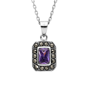 Collier en argent rhodi collection joaillerie chane avec pendentif oxyde violet contour Marcassite 45cm - Vue 1