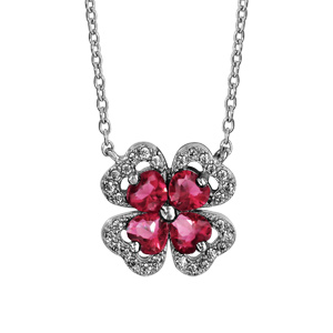 Collier en argent rhodi collection joaillerie chane avec pendentif trfle  4 feuilles en oxydes rouges avec contours en oxydes blancs sertis - longueur 40cm + 4cm de rallonge - Vue 1