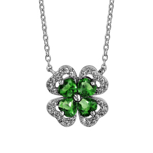 Collier en argent rhodi collection joaillerie chane avec pendentif trfle  4 feuilles en oxydes verts avec contours en oxydes blancs sertis - longueur 40cm + 4cm de rallonge - Vue 1