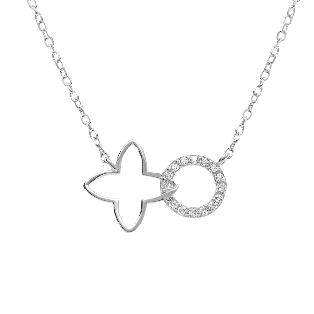 Collier en argent rhodi� compos� d�un anneau pav� de pierres blanches et d�un pendentif ajour� en forme de tr�fle. - 40+4cm - Vue 1