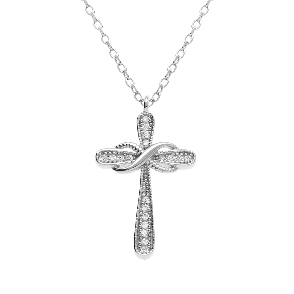 Collier en argent rhodi� croix avec infini et oxydes blancs sertis - 40+2+2cm - Vue 1