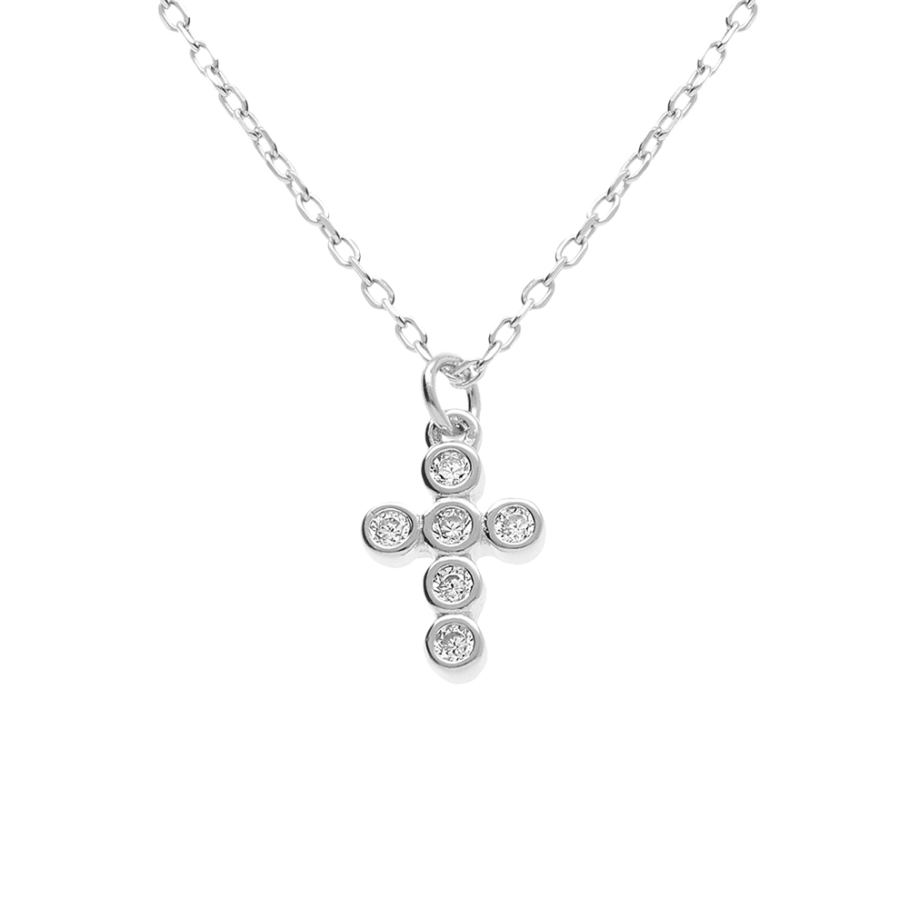 Collier en argent rhodi� croix d\'oxydes blancs sertis - 40+3cm - Vue 1