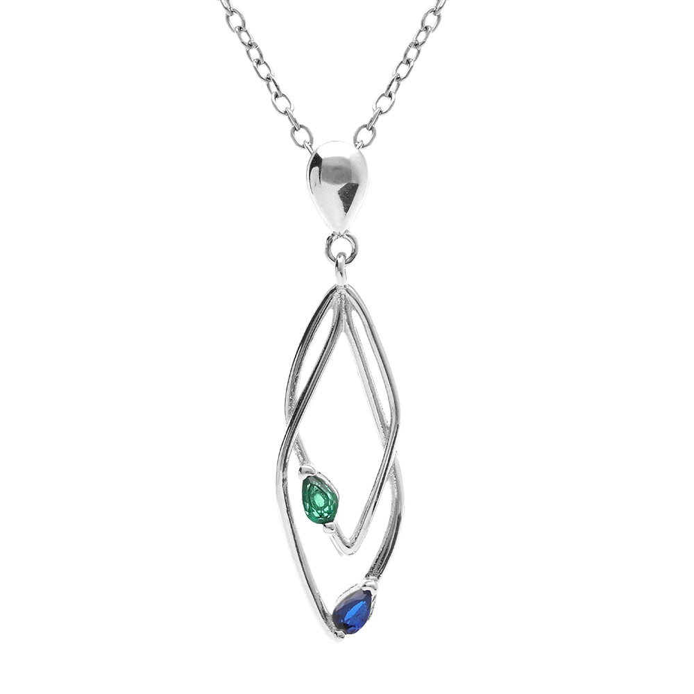 Collier en argent rhodi� deux  losanges entrelac�s avec oxydes bleu et vert sertis - 39+4cm - Vue 1