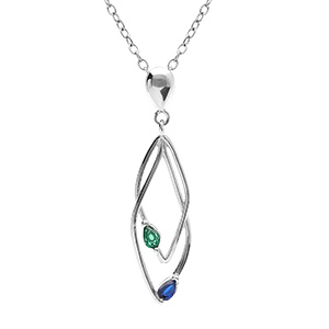 Collier en argent rhodi� deux  losanges entrelac�s avec oxydes bleu et vert sertis - 39+4cm