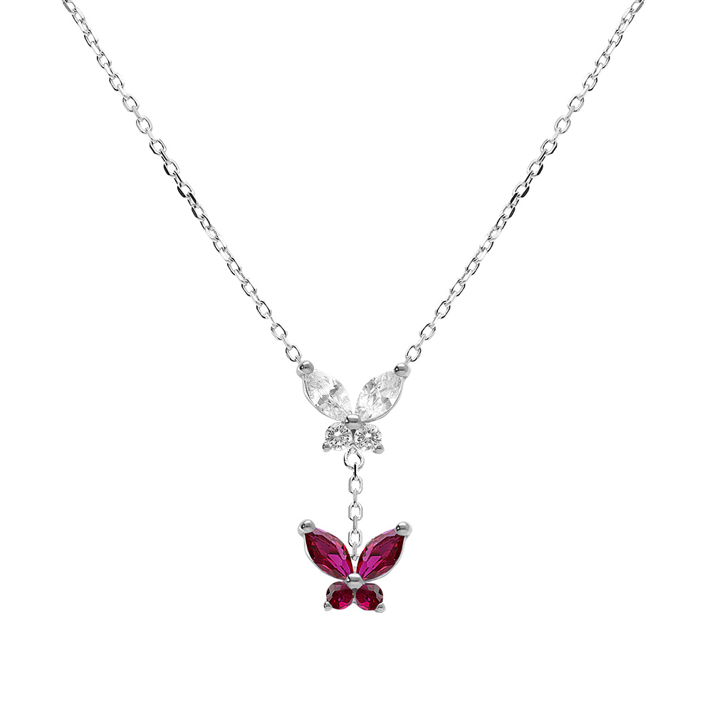 Collier en argent rhodi� deux papillons oxydes blanc et fushia sertis - 38+5cm - Vue 1
