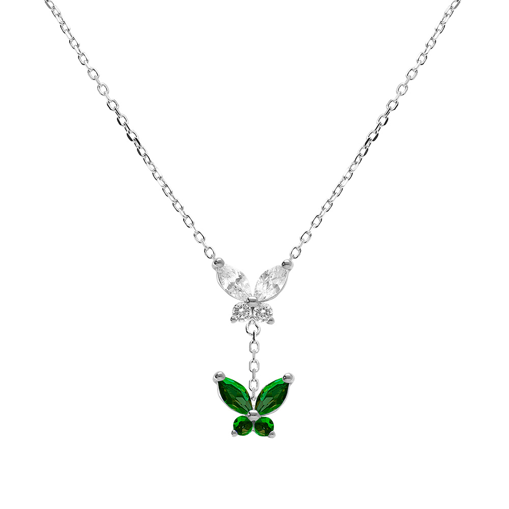 Collier en argent rhodi� deux papillons oxydes blanc et vert sertis - 38+5cm - Vue 1