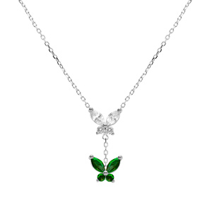 Collier en argent rhodié deux papillons oxydes blanc et vert sertis - 38+5cm - Vue 1