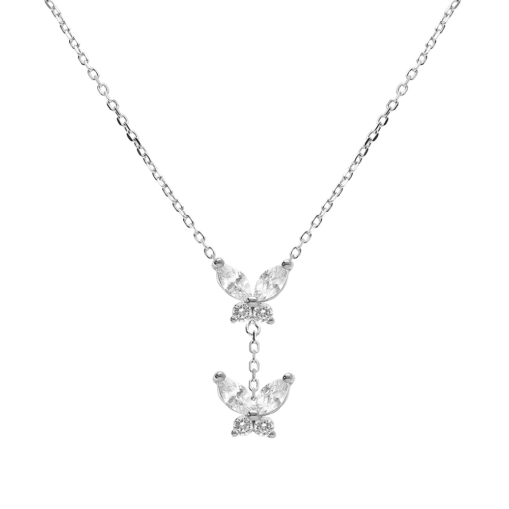 Collier en argent rhodi� deux papillons oxydes blancs sertis - 38+5cm - Vue 1
