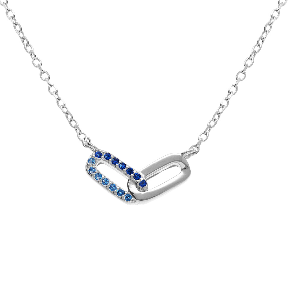 Collier en argent rhodi� deux rectangles entrelac�s un  lisse un avec oxydes bleus sertis - 39+4cm - Vue 1