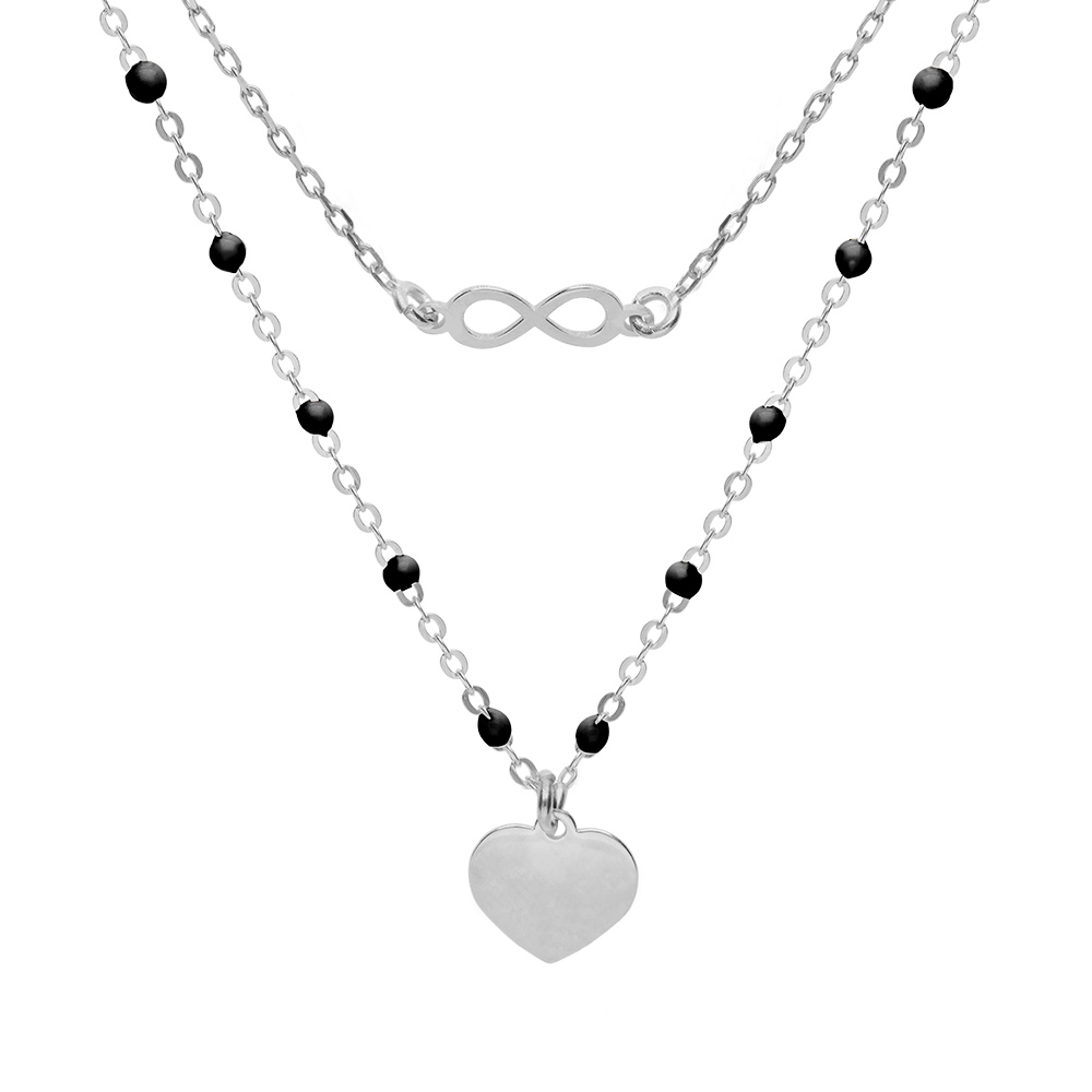Collier en argent rhodi� double cha�ne avec infini et coeur et perles noires 40+5cm - Vue 1