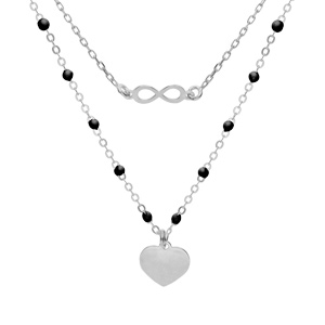 Collier en argent rhodi double chane avec infini et coeur et perles noires 40+5cm - Vue 1