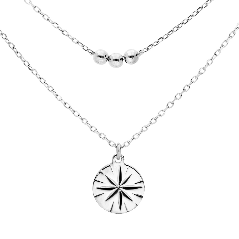 Collier en argent rhodi� double cha�ne avec pendentif m�daille avec soleil diamant� 40+5cm - Vue 1