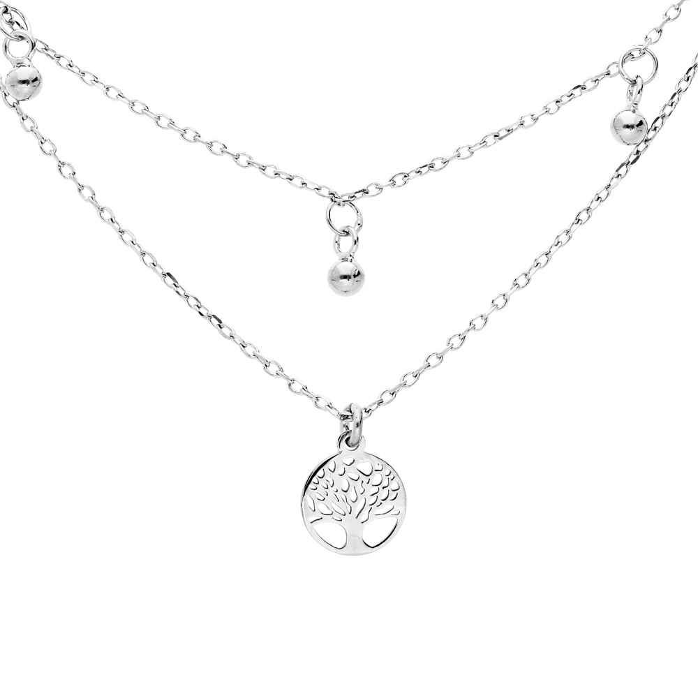 Collier en argent rhodi� double cha�ne avec pendentifs arbre de vie et 3 boules 40+5cm - Vue 1