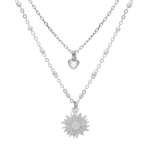 Collier en argent rhodi double chane avec soleil et coeur oxyde blanc et perles blanches 40+5cm - Vue 1