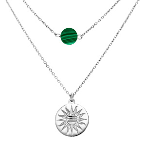 Collier en argent rhodi double chane pastille soleil diamante et Malachite vritable 40+5cm - Vue 1