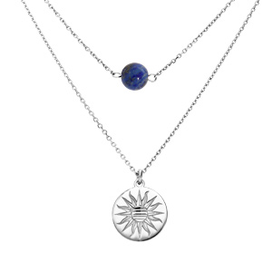Collier en argent rhodi double chane pastille soleil diamante et pierre Lapis Lazuli vritable 40+5cm - Vue 1