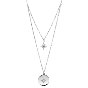 Collier en argent rhodi double rang avec pendentif etoile et pastille oxyde blanc longueur 40+4cm - Vue 1