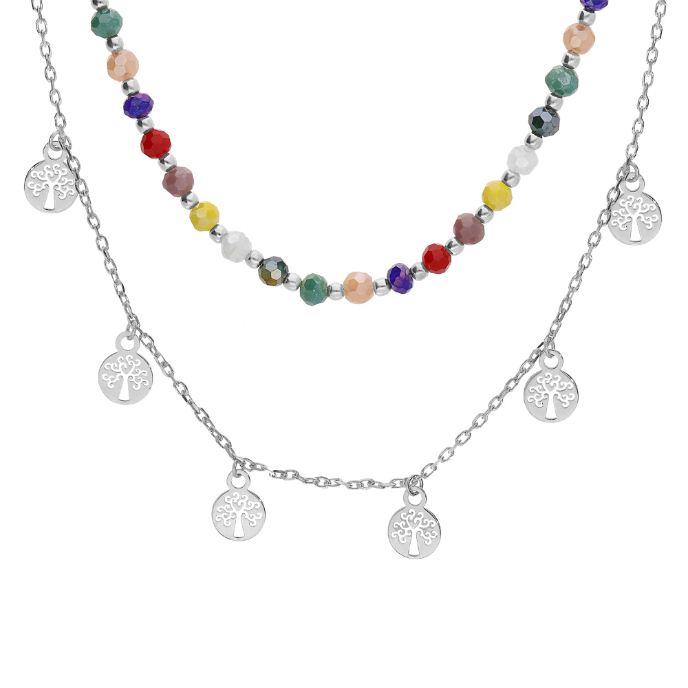 Collier en argent rhodi� double rangs avec pierres facet�es et pampilles arbre de vie 38+4cm - Vue 1