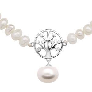 Collier en argent rhodi en perles d\'eau douce avec pendentif arbre de vie oxydes blancs sertis longueur 43+4cm - Vue 1