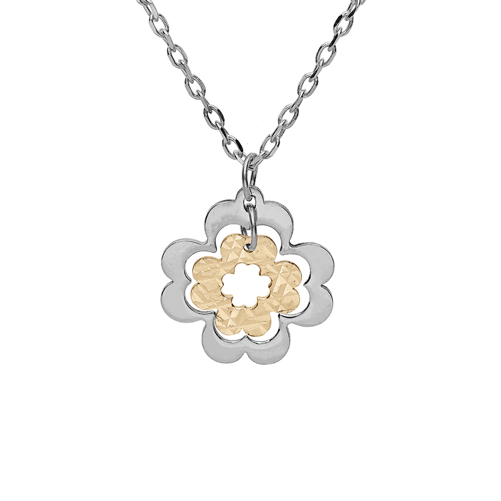 Collier en argent rhodi� et dorure jaune cha�ne avec pendentifs double tr�fle 2 tons 40+5cm - Vue 1