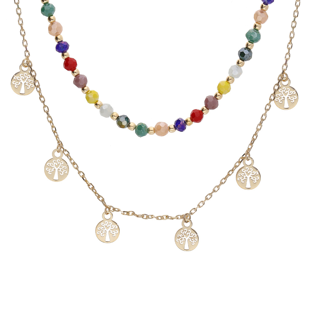 Collier en argent rhodi� et dorure jaune double rangs avec pierres facett�es et pampilles arbre de vie 38+4cm - Vue 1