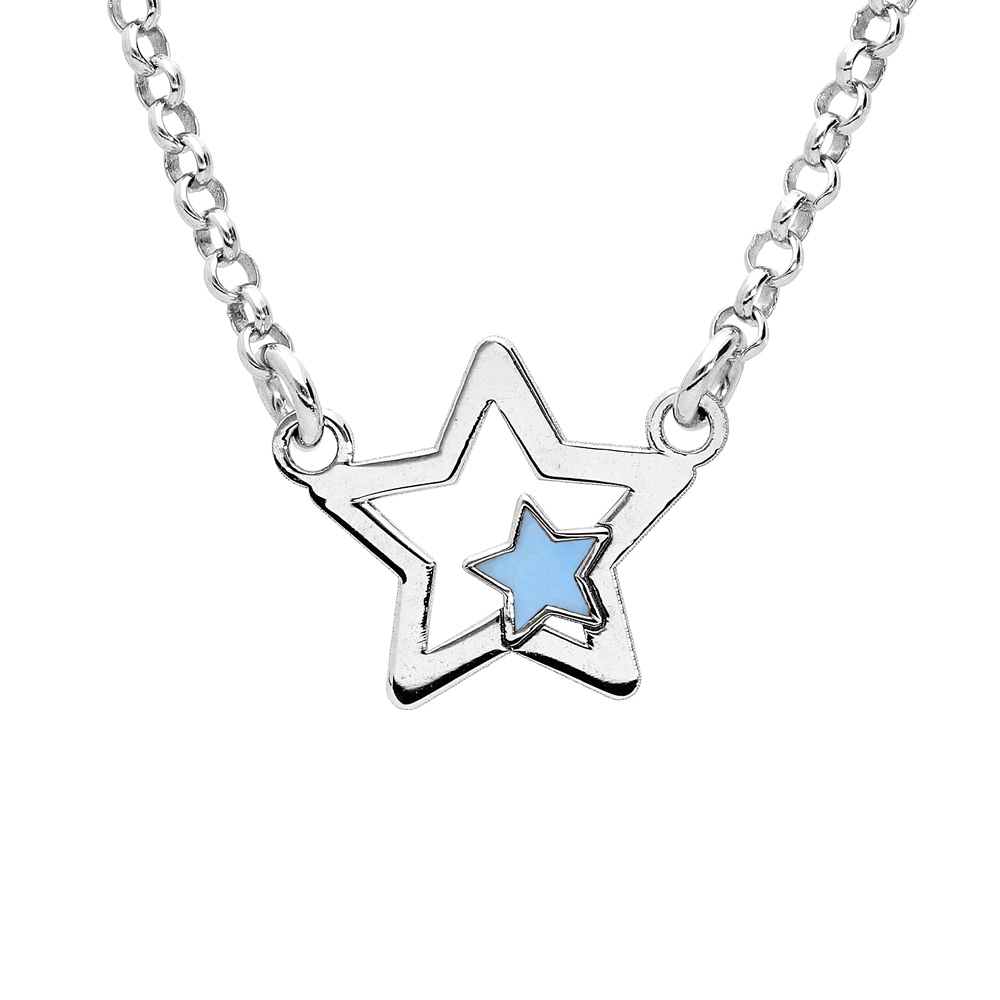 Collier en argent rhodi� �toile avec petite �toile bleue 35+5cm - Vue 1