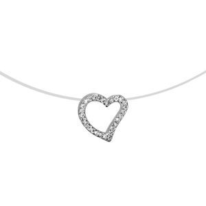 Collier en argent rhodi fil en nylon avec pendentif coeur asymtrique vid orn d\'oxydes blancs - longueur 42cm - Vue 1