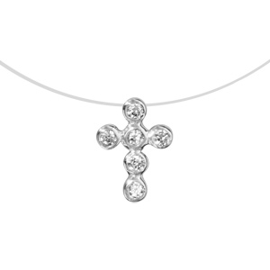 Collier en argent rhodi fil en nylon avec pendentif croix en oxydes blancs sertis clos - longueur 42cm - Vue 1