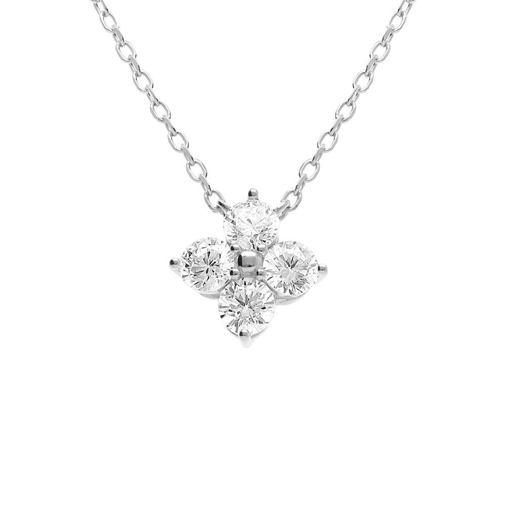 Collier en argent rhodi� fleur avec oxydes blancs sertis - 40+3cm - Vue 1