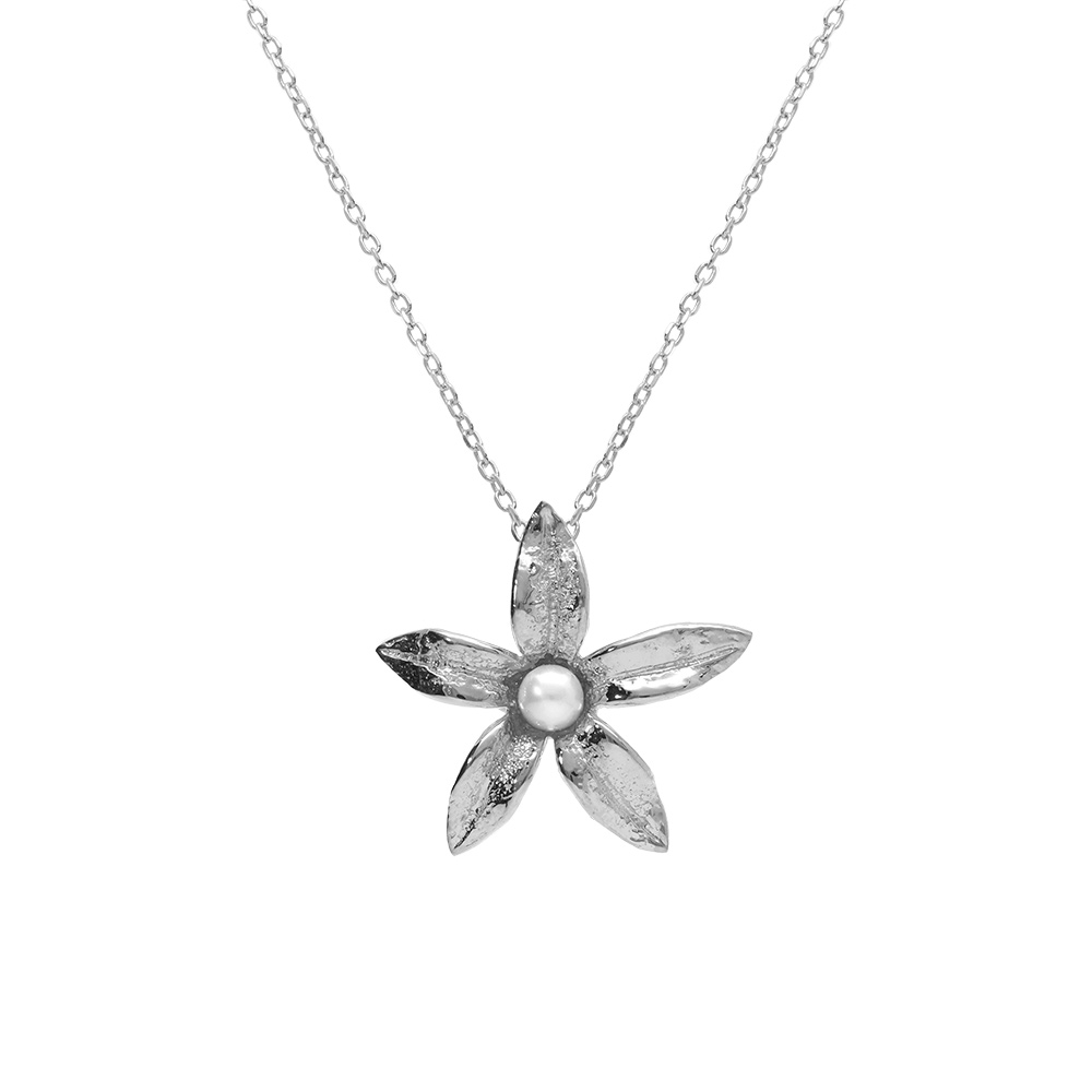 Collier en argent rhodi� fleur et au centre perle blanche imitation 40+5cm - Vue 1