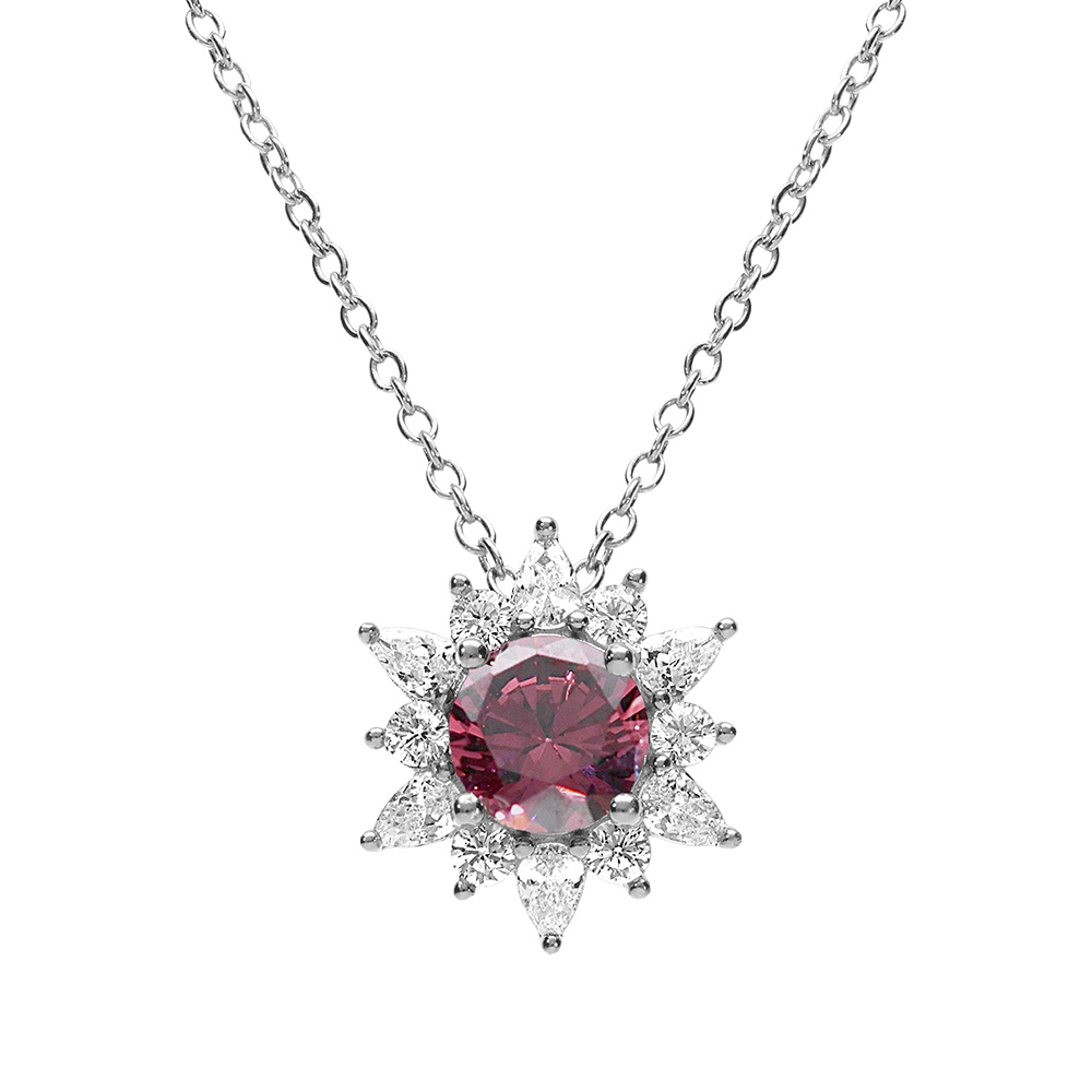 Collier en argent rhodi fleur oxyde rose et contour oxydes blancs 42+3cm - Vue 1