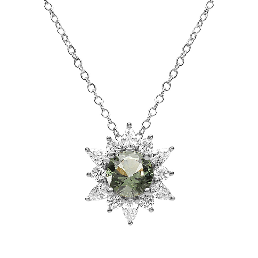 Collier en argent rhodi� fleur oxyde vert et contour oxydes blancs 42+3cm - Vue 1