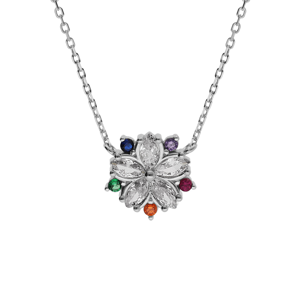 Collier en argent rhodi� fleur oxydes blancs et multi couleurs 40+4cm - Vue 1